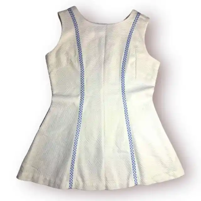 Vintage 70s Tennis Mini Dress White Blue Large Polyester Gingham Stripes Zipper