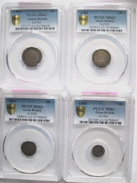 1800 UK Great Britain George III Maundy Silver 4 Coin Set PCGS MS61-MS63