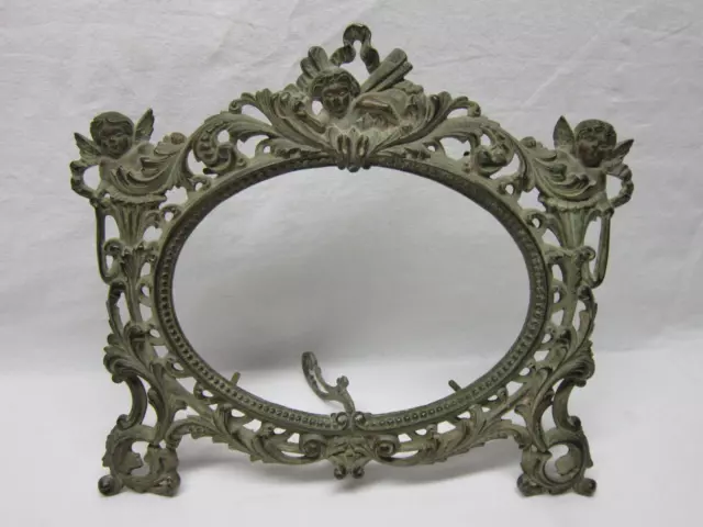 Oval Putti Cherub Bronzed Iron Metal Easel Photo Picture Frame Old Vtg Antique