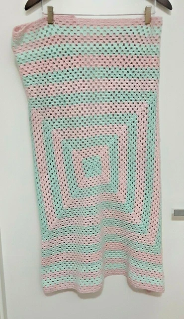 90 Cm X 90 Cm Square Hand Crocheted Pink & Spearmint Green Baby Blanket / Throw