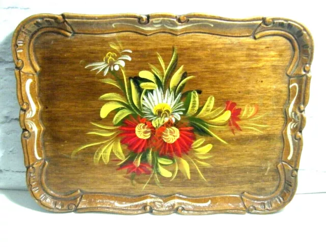Vintage Folk Art Tray Floral Hand Painted Small Wooden Barge ware Canal Art