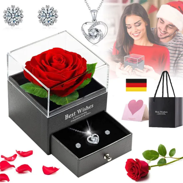 Rosenbox Ewige Echte Rose Blumen Geschenkbox mit Geschenk Box Halskette Schmuck