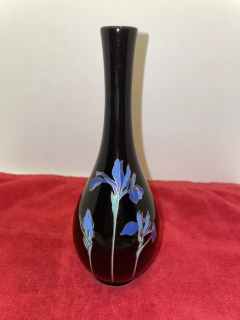 Vintage Otagiri Vase Cloisonne Black Porcelain Blue Iris Brass Bud Japan