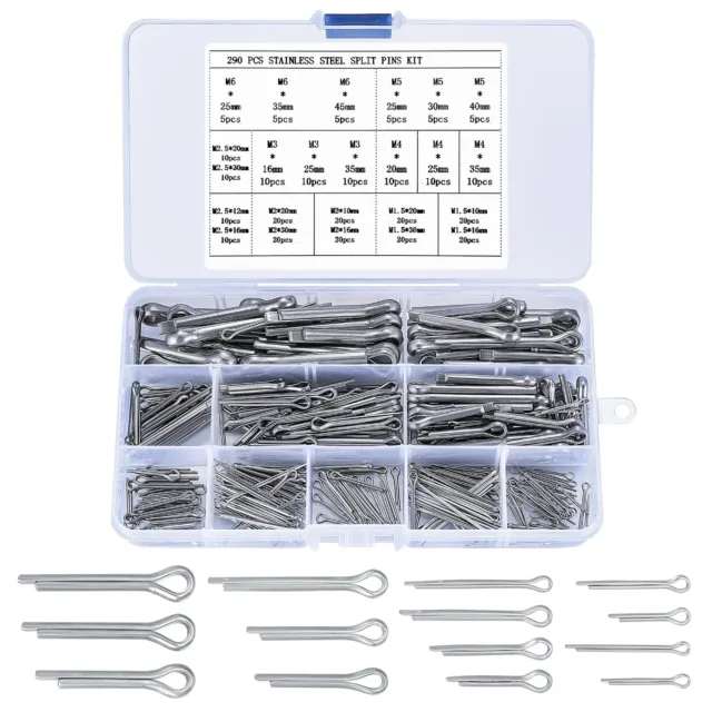 290 Pezzi Assortimento Coppiglie Spaccate Cotter Pins Copiglie Acciaio Inox