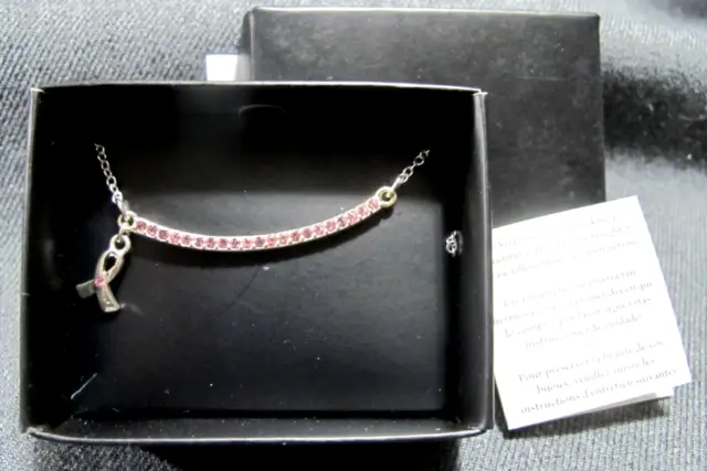 2019 Avon crystals silvertone metal Pink Hope Ribbon necklace GV9 tag unused
