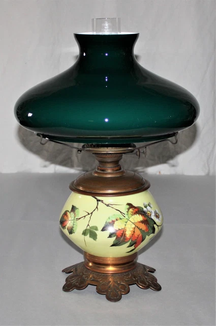 Antique Hand Painted Glass Lamp W/Emerald Green Cased White Victorian Oil Lamp