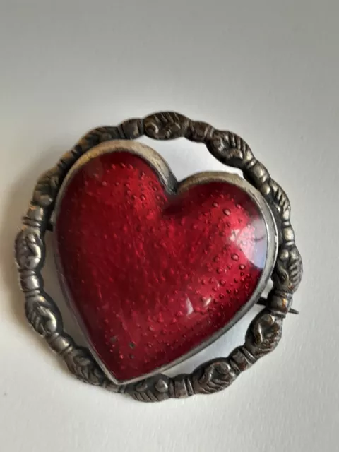 Superb, Rare Antique Victorian Silver Fede Hands Heart Champleve Enamel Brooch