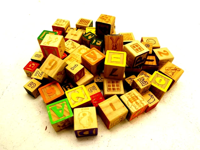 Vintage Bois Alphabet Blocs Lot De 65