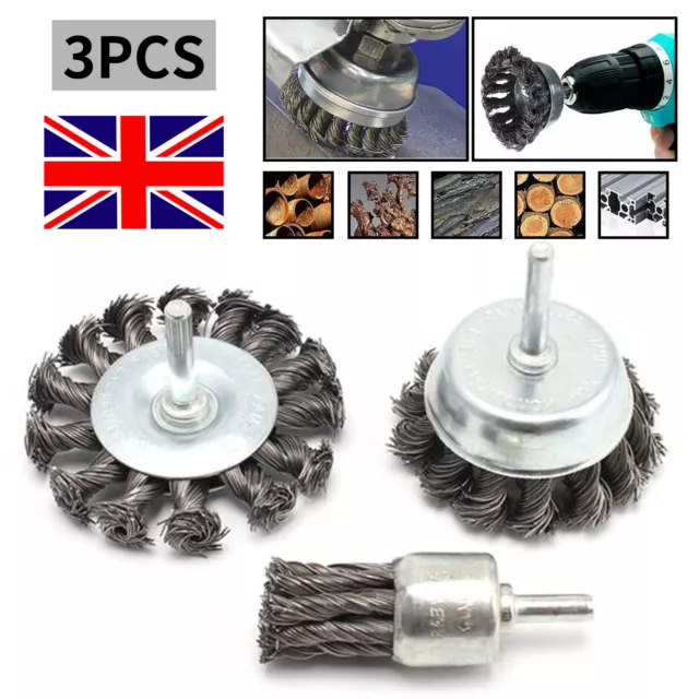 3Pcs Metal Twisted Knot Rotary Drill Wire Brush Set Wheel Cup For Rust Remove