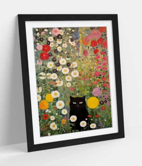 Gustav Klimt Fluffy Black Cat Among Flowers -Framed Wall Art Poster Paper Print