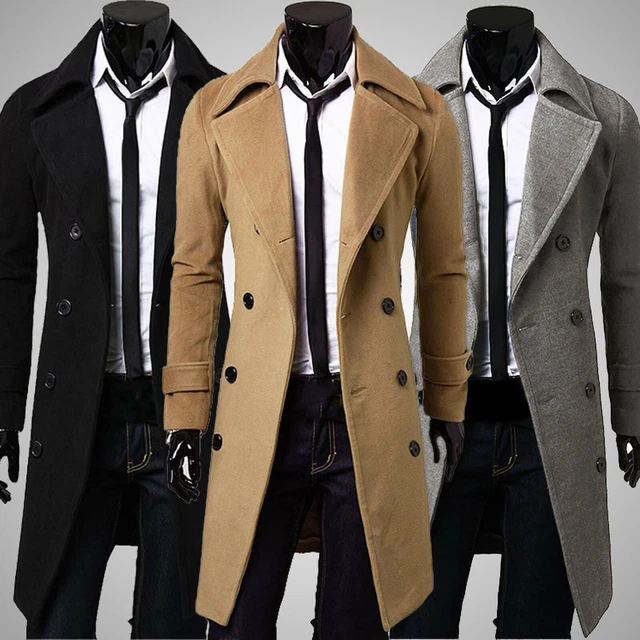 MENS TRENCH COAT Double Breasted Formal Office Dress Long Winter Jacket ...