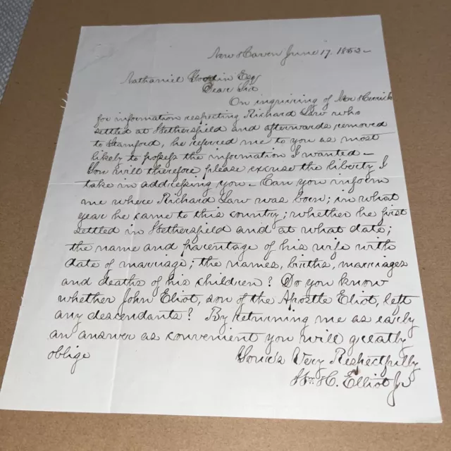 1852 Letter to Famous Hartford CT Genealogist on Richard Law Stamford Genealogy
