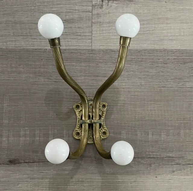 Vtg  Double Solid Brass Porcelain Knobs Wall Mount Hat Coat Towel Hanger Hook