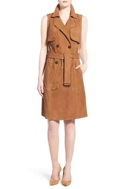 NEW Chelsea28 + Olivia Palermo Tan Brown Suede Leather Sleeveless Trench Dress S