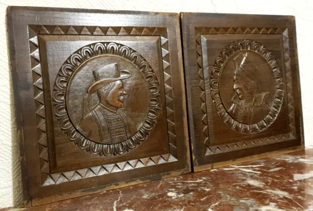 2 Britany breton face wood carving panel - Antique french architectural salvage
