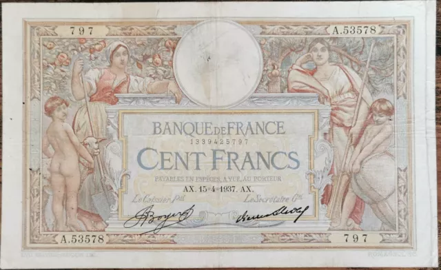 Billet 100 francs LUC OLIVIER MERSON 15 = 4 = 1937 FRANCE  A.53578