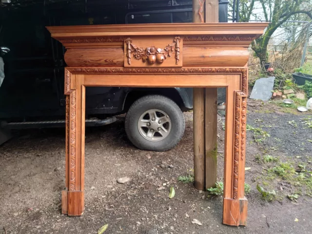 Antique wooden fire surround large hand carved decorative mantlepiece pine