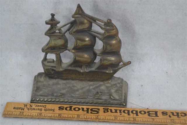 vintage door stop bookend sailing ship Galleon iron brass plated 1940s