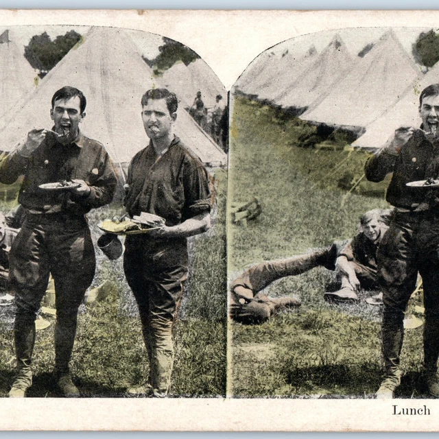c1910s WWI US Army USMC Camp Lunch Time Stereoview Military Men Eat Tent War V34