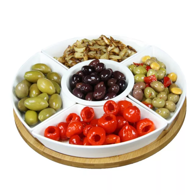 Ceramic Stoneware Condiment Appetizer Set, 6 Piece, Center Piece Round in Whi...