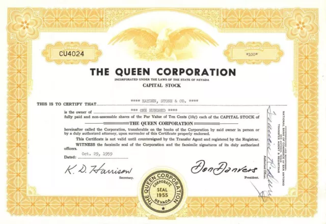 Queen Corp. - Mining Stock Certificate - Mining Stocks