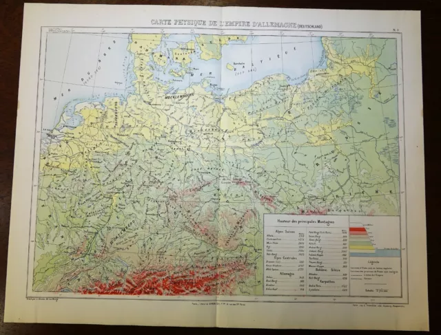 ancienne carte géographique 1890 CARTE PHYSIQUE DE L'EMPIRE D'ALLEMAGNE