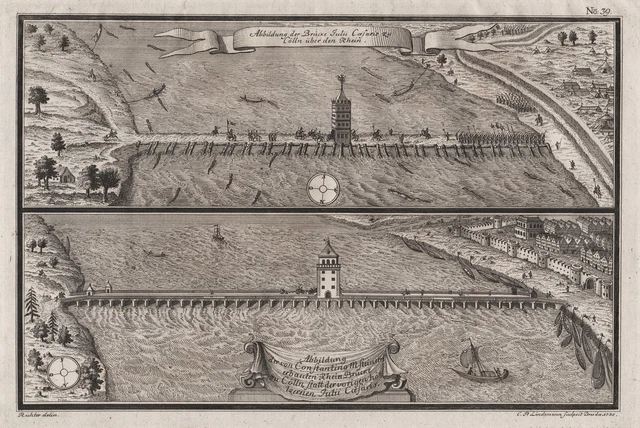 Colonia Römerbrücke Rheinbrücke Rin Romano Renania Grabado
