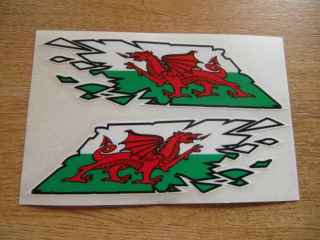 Welsh Dragon Flag "ripped" style stickers - LARGE 300mm decals x2  - Wales