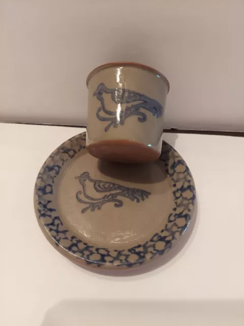 Beaumont Brothers Pottery  Salt Glaze Stoneware Pottery Bird MINI plate & Crock.