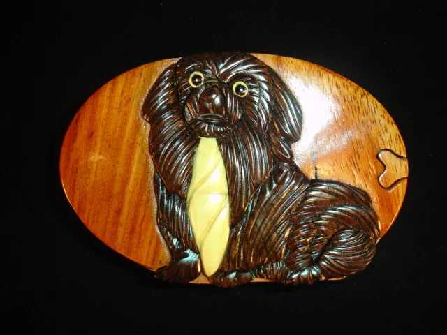Hand crafted 3D Intarsia Wood Art TIBETAN SPANIEL Dog Puzzle Wooden Box