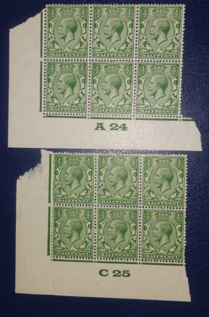 GB KGV 1924/5 CONTROL BLOCKS OF 6 (X2),1/2d GREEN SHADES,SUPERB UNMOUNTED MINT.