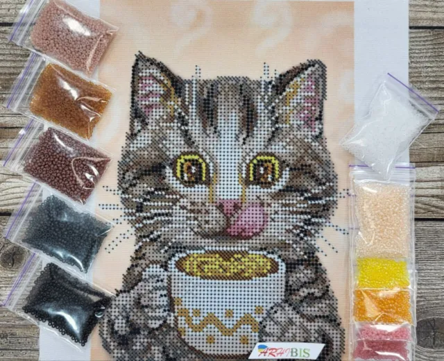 Kit Bead Embroidery DIY Beaded Needlepoint Cat Beaded Stitching Kitten a5-d-485