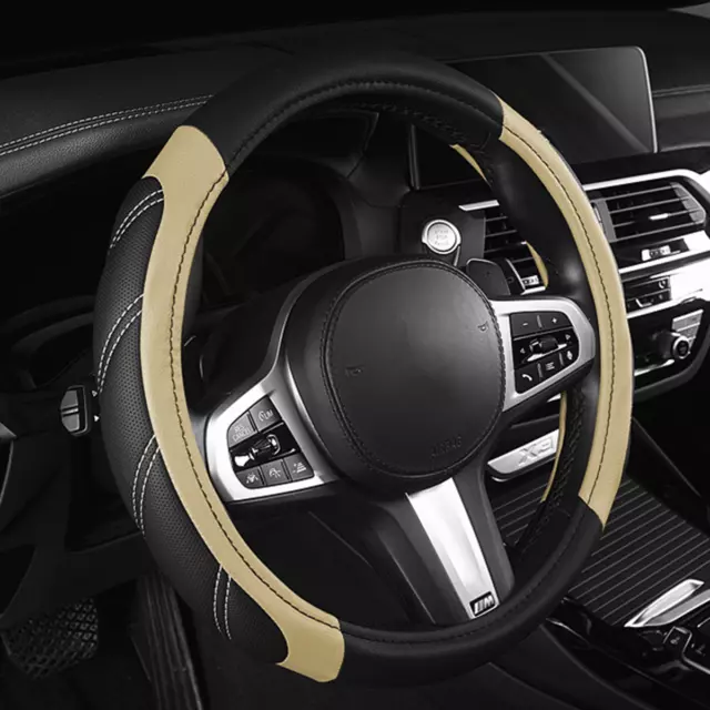 Black/Beige Car Steering Wheel Cover Leather Anti-slip Protection Case Sleeve