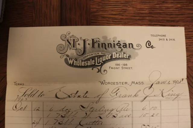 1908  M. J. Finnigan Co. Worcester, Mass. Billhead Wholesale Liquor Dealer