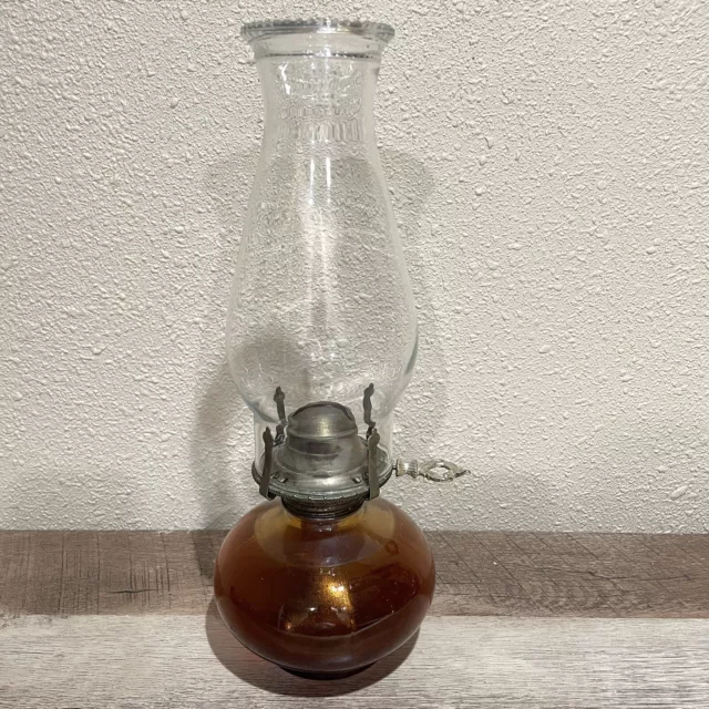 Vintage Iridescent Amber Glass Oil Kerosene Lamp 13” High