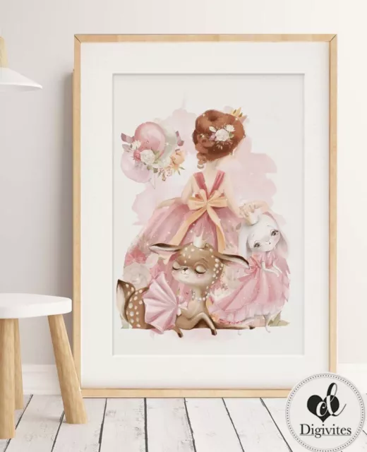 Girl Nursery or Bedroom Princess, Unicorn Wall Art prints. Rainbow floral Art
