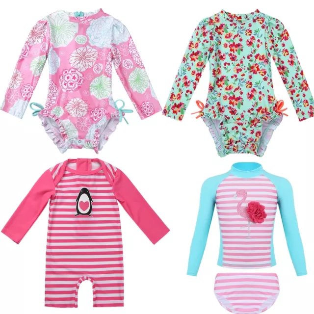 Infant Baby Girl Long Sleeve Floral Ruffle Rash Guard Bathing Swimsuit Swimwear