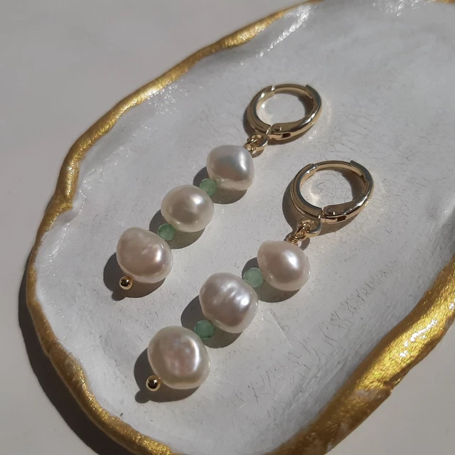 Boucles D'oreilles Dormeuses Perles De Culture Et Apatite - Plaqué Or Jaune, Neuf Avec étiquettes