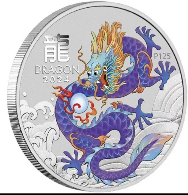 Lunar Jahr des Drachen Purple  2024 1 Oz Silber 9999 Australien 1 $ mit Blister