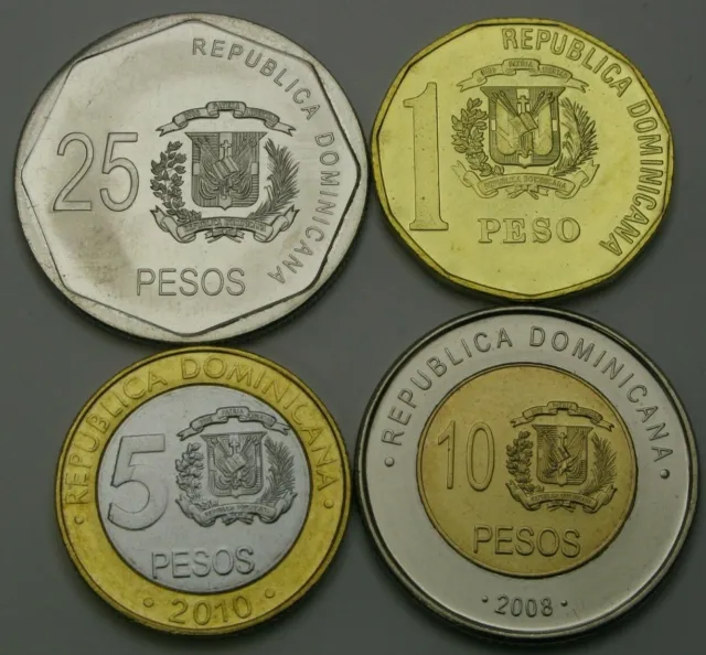 DOMINICAN REPUBLIC 1 Peso / 25 Pesos 2008/2015 - Lot of 4 Coins - UNC *