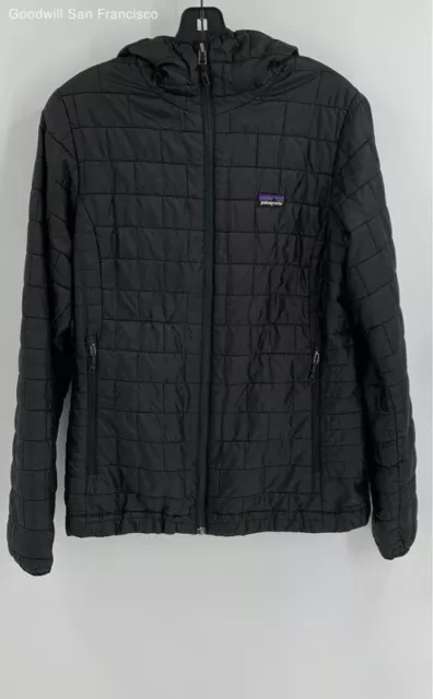 Patagonia Womens Black Hooded Long Sleeve Full Zip Pockets Puffer Jacket Large