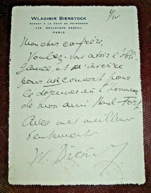 WLADIMIR BIENSTOCK Autographe Signé 1920 TRADUCTEUR ROMANCIER RUSSESur PAUL FORT