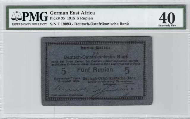 Alemania De Este Ostafrikanische 5 Rupias 1915 Pick 35 PMG 40 Ma