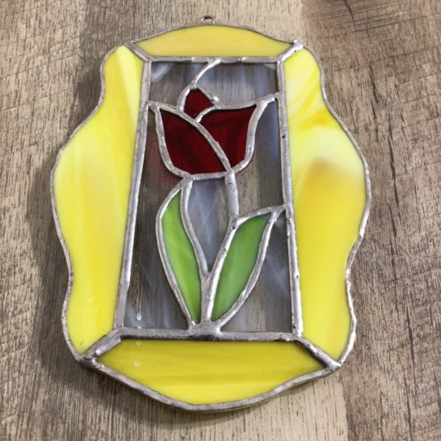 Vintage Homemade Suncatcher Stained Glass Tulip Floral