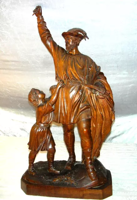 Antike Statue Wilhelm Tell und Sohn  Lindenholz geschnitzt um 1890 groß 63 cm