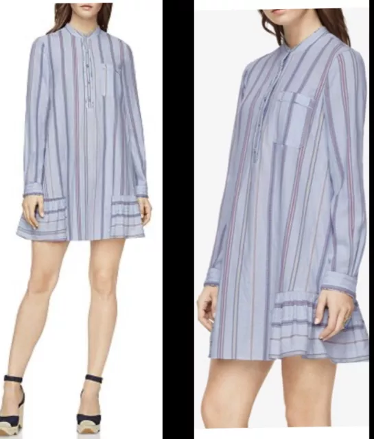 NWT BCBG MAXAZRIA Womens Lucile Ruffle Striped  Button Up Shirt  Dress  SZ XS