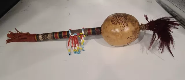 Native American Gourd Dance Rattle Shaker - Feathers, Beads, Snakeskin- See Pics