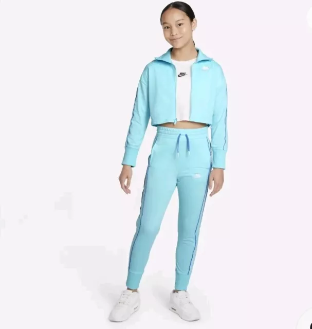 Nike Sportswear Girls High Waisted Matching Tracksuit Blue Large New