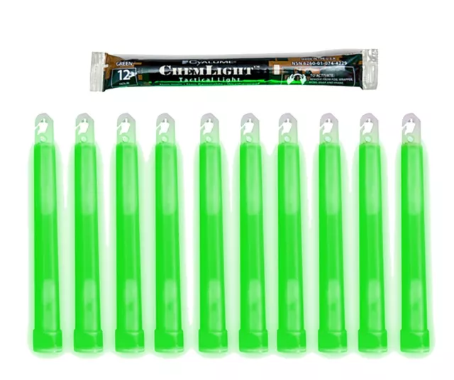 10 (TEN) - 12 Hour 6” Military ChemLight (15cm) Green lightstick Cyalume® Brand