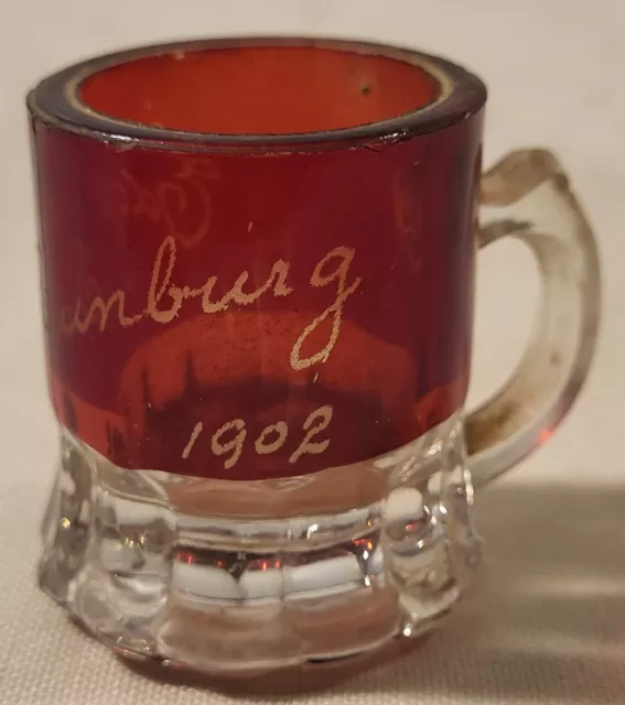 Antique Worlds Fair 1902 Mini Ruby Red Flash Glass Souvenir Mug Cup